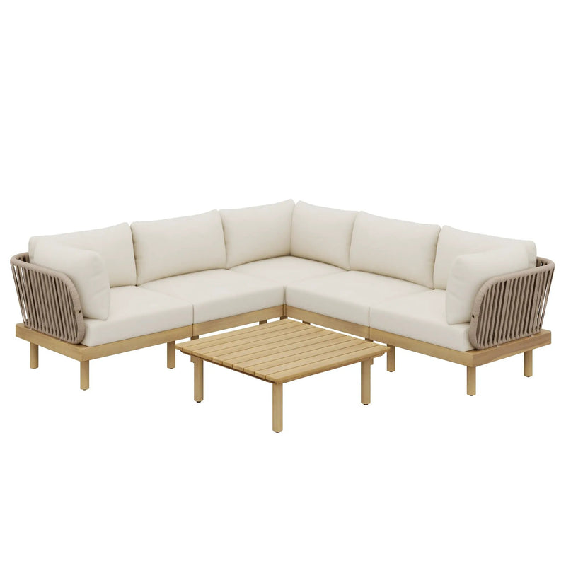 6-Piece Acacia Wood L-Shaped Modular Outdoor Sofa Set with Rope Back & Weather-Resistant Cushions by HouseOfZazla
