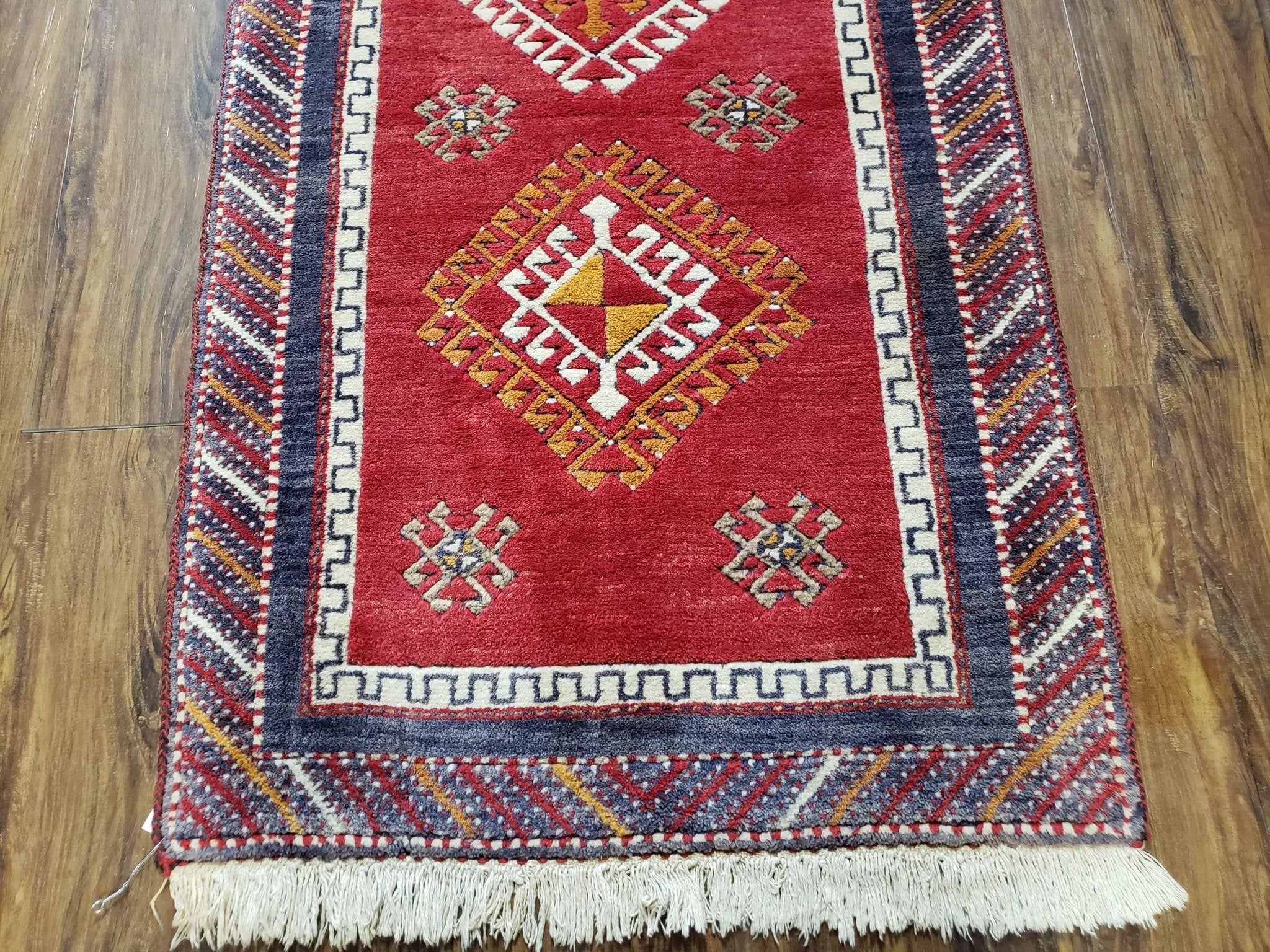 Vintage Turkish Kazak Rug 2.5 x 5 Red Wool Carpet Medallions Runner Geometric by Jewel Rugs