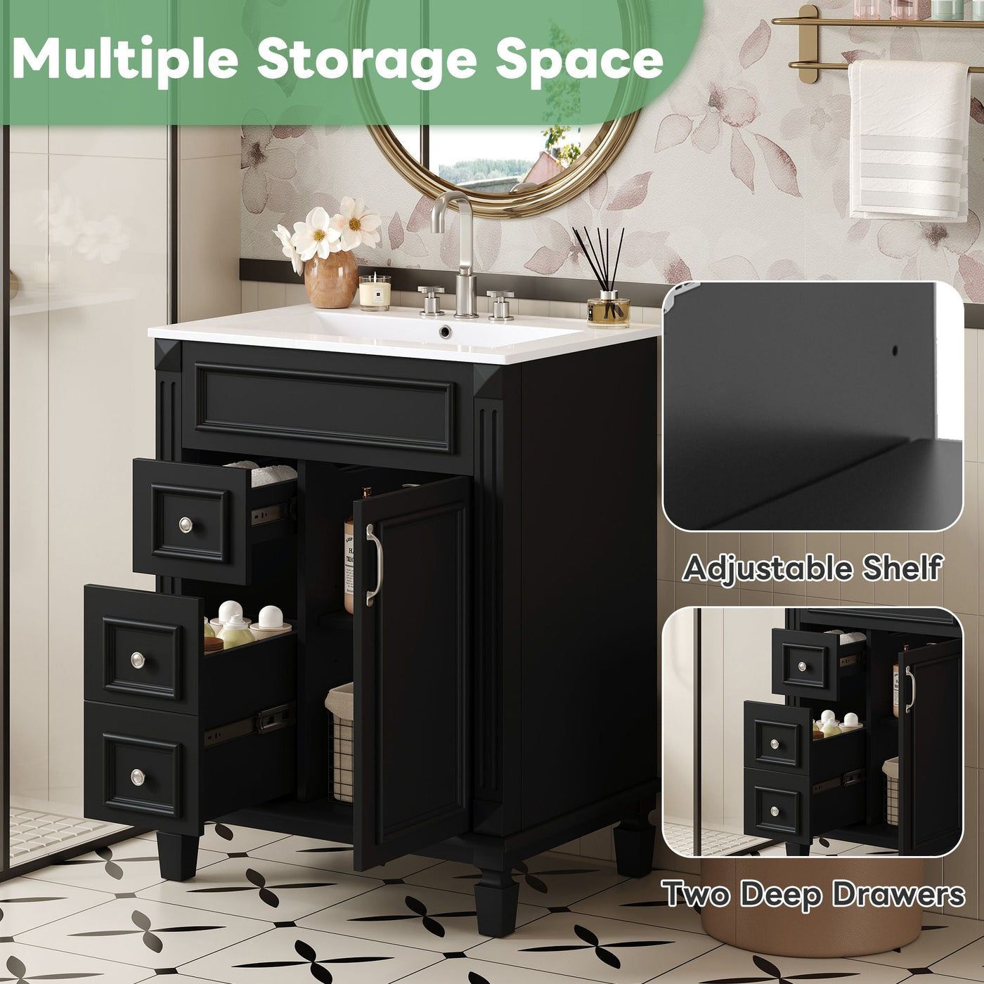 Bathroom Vanity With Sink, Compact Cabinet & 2 Drawers And Adjustable Shelf by Unique Piece Furniture