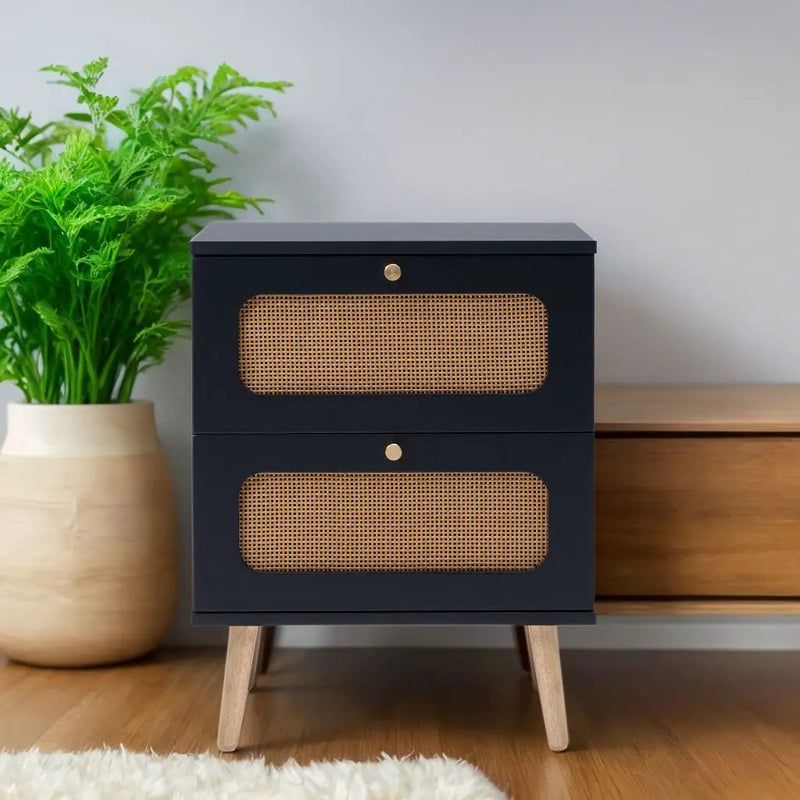 2 Drawer Rattan Nightstand For Bedroom And Living Room, End Table, Side Table With 2 Hand Made Rattan Decorated Drawers - Black by HouseOfZazla
