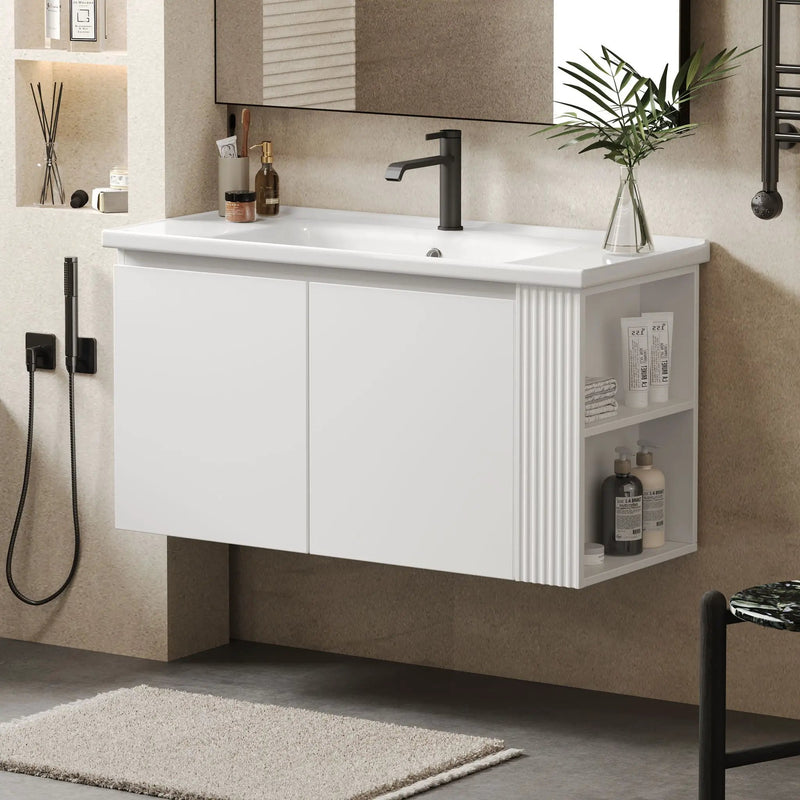 Wall Mounted Bathroom Vanity With Sink, 2 Open Shelves - White by HouseOfZazla