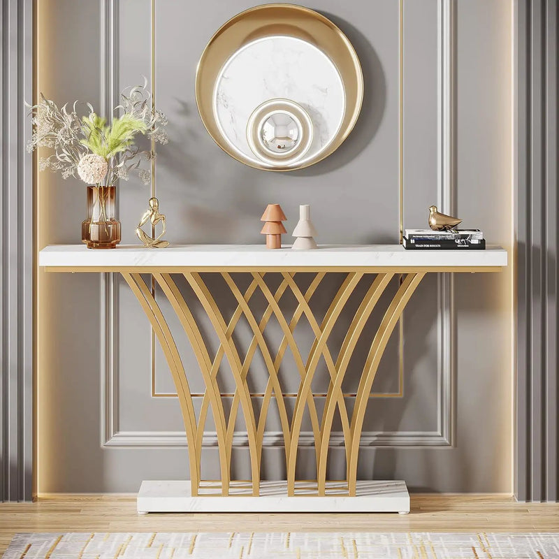 Console Table With Grid Base For Living Hallway - White / Gold by HouseOfZazla