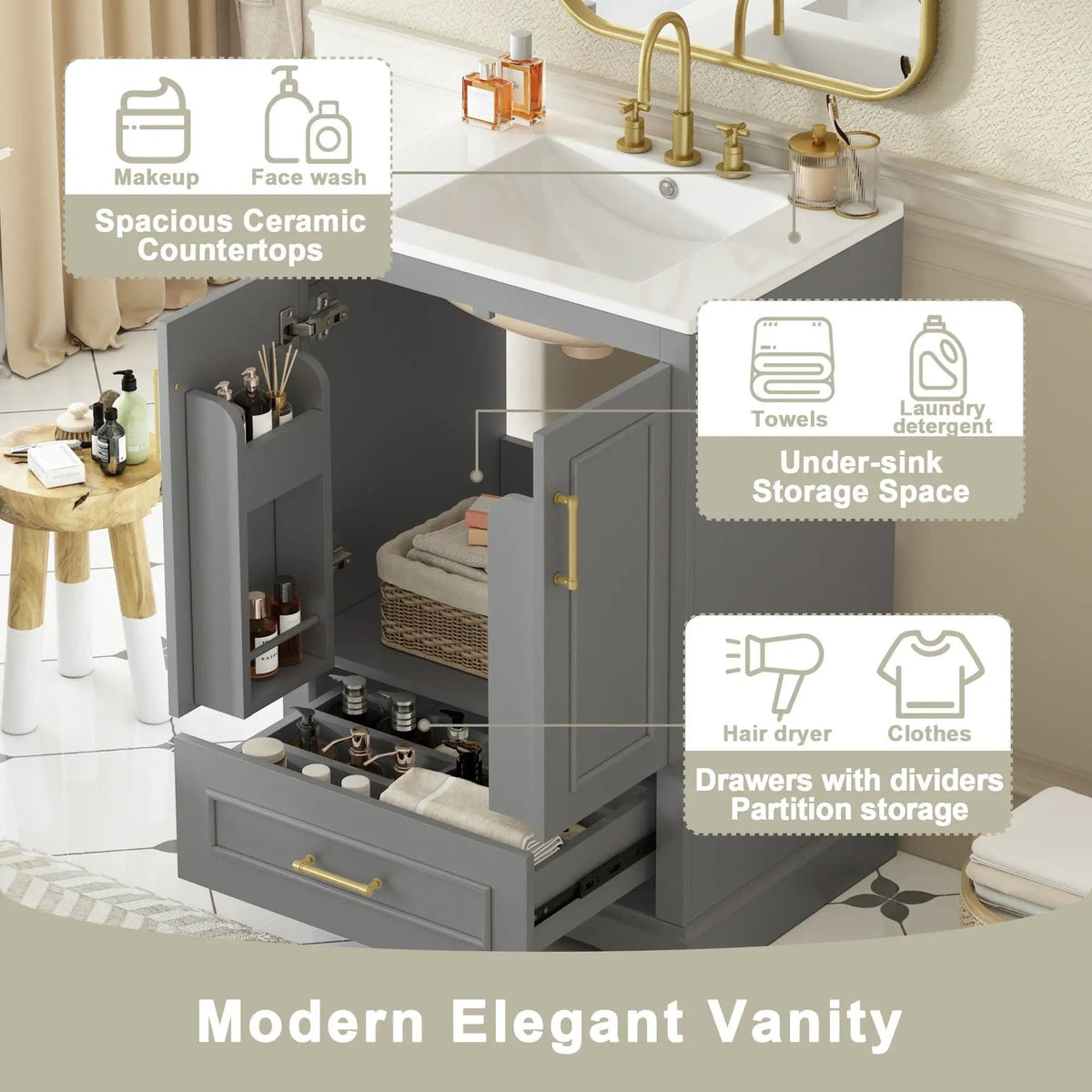 Bathroom Vanity With Sink, 1 Divided Drawer And 2 Soft Close Doors With Double Shelf, photo 17 of 20