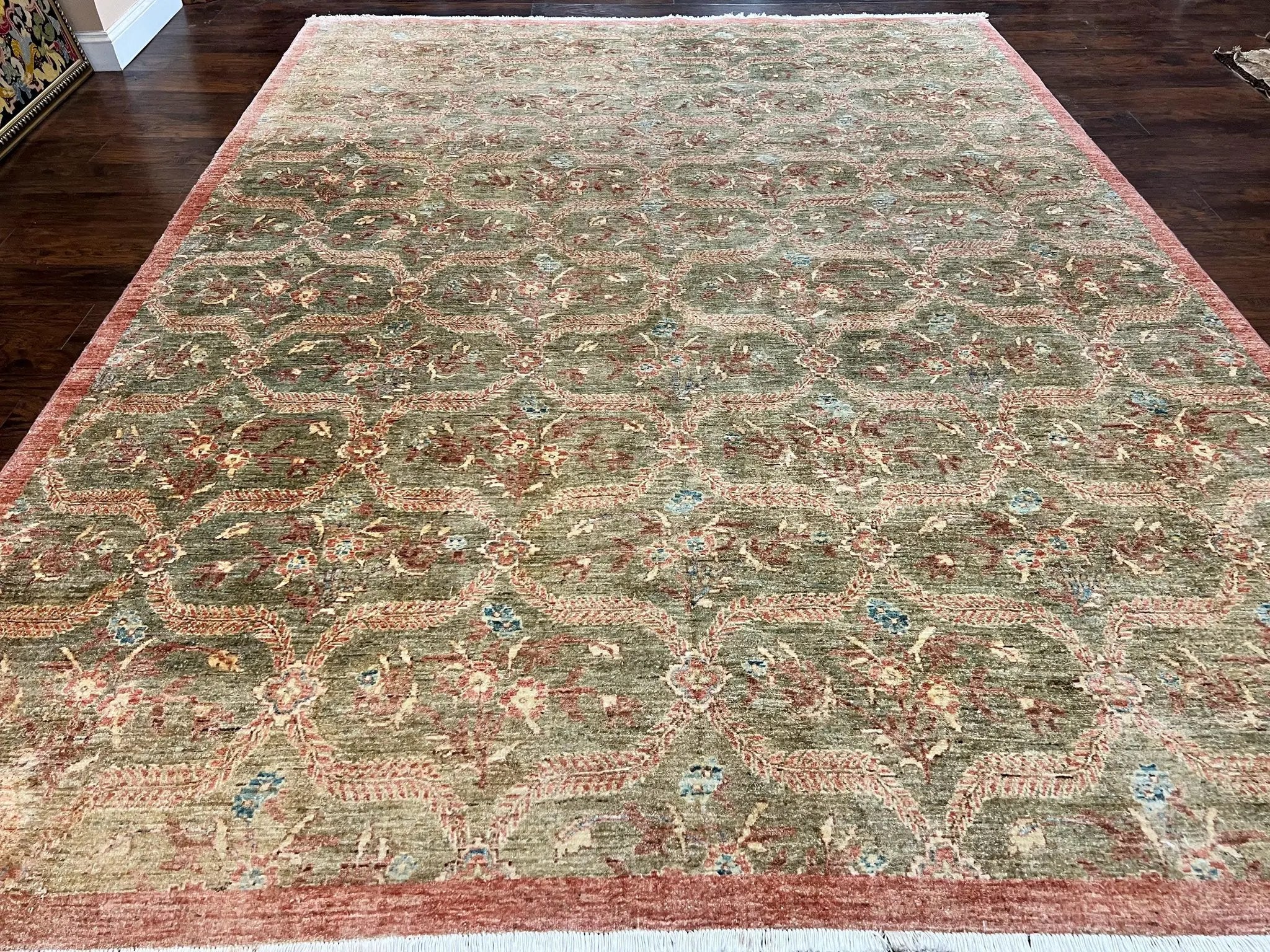 Large Modern Pakistani Rug 9x12, Handmade Wool Carpet, Peshawar Rug, Hand Knotted Oriental Rug, Contemporary, Floral, Light Green by Jewel Rugs
