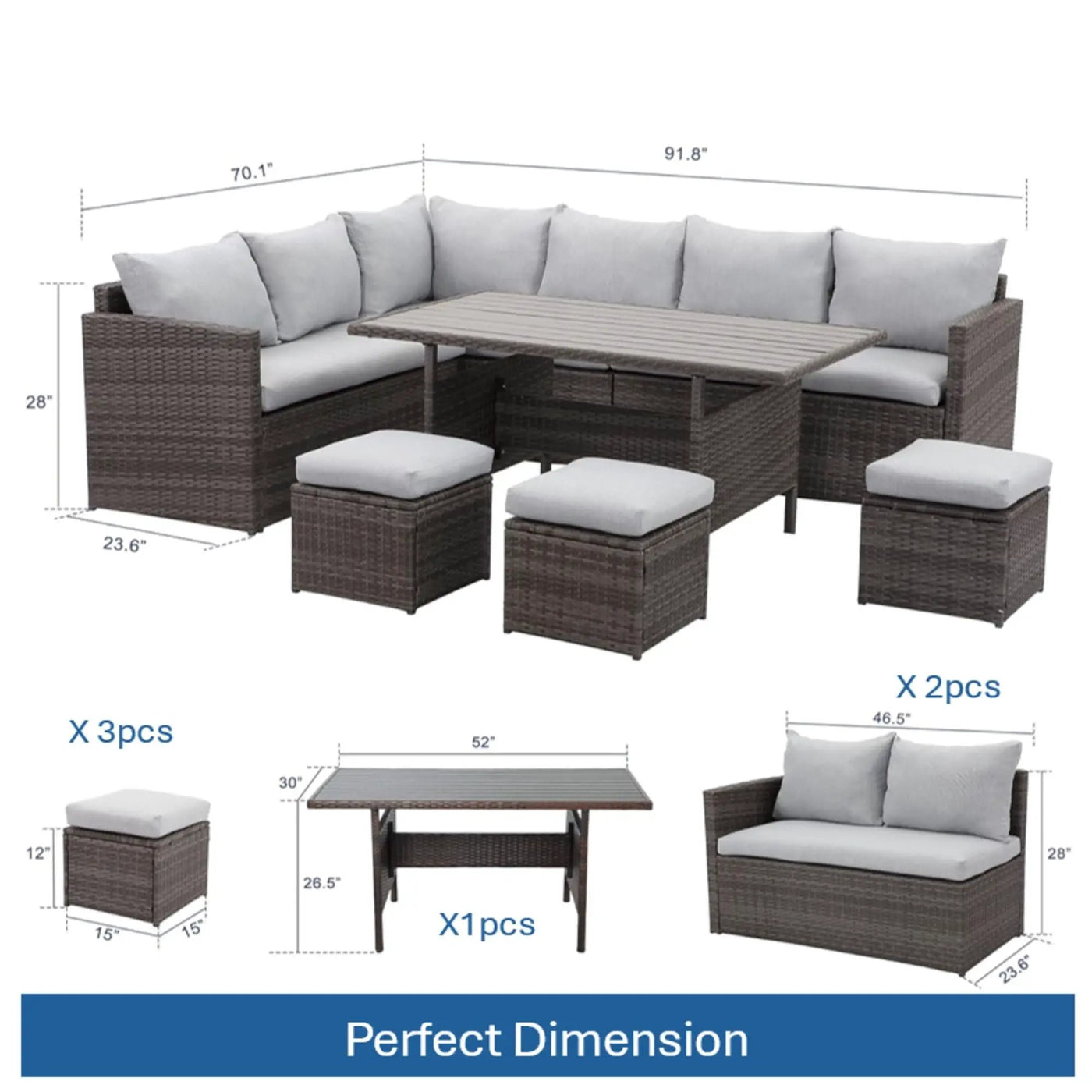 7 Piece Outdoor Dining Set With Cushions, Modular Sectional Sofa And Table by HouseOfZazla