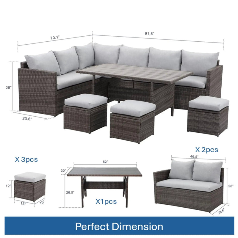 7 Piece Outdoor Dining Set With Cushions, Modular Sectional Sofa And Table by HouseOfZazla