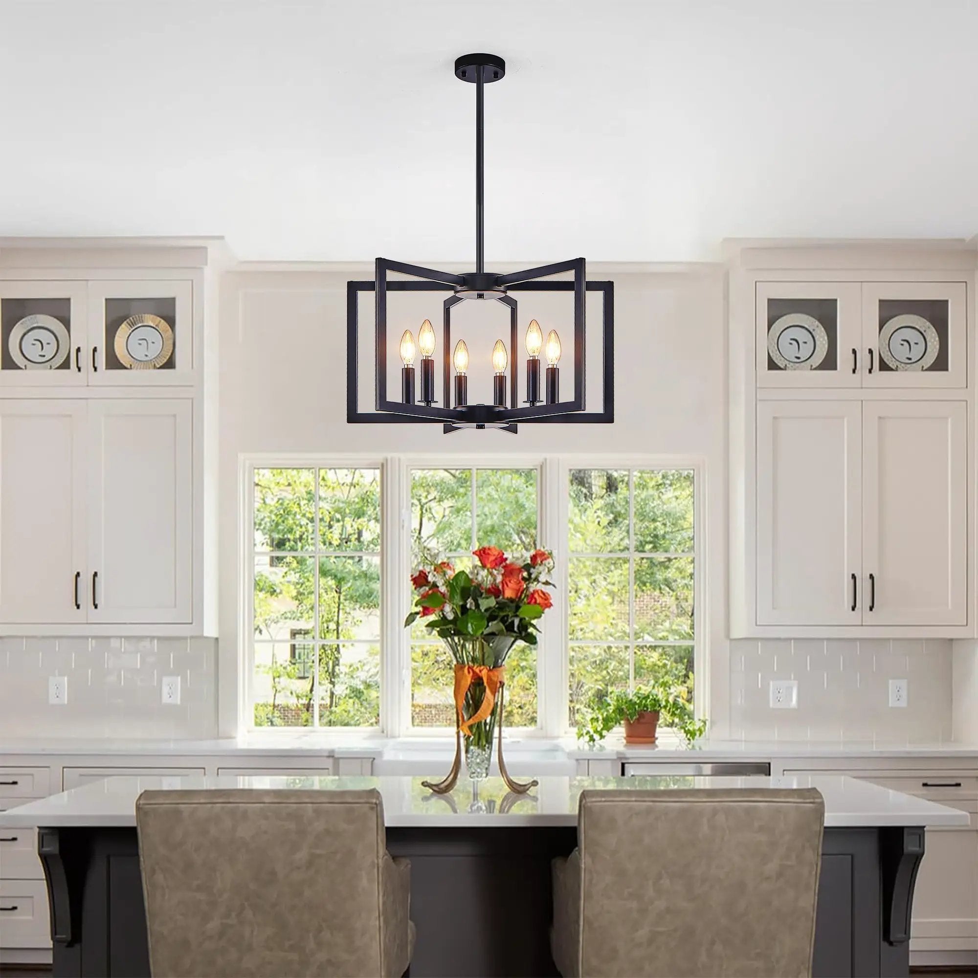 22' Modern Black Geometric 6-Light Chandelier – Industrial Metal Pendant Light Fixture for Living Room, Dining Room, or Kitchen (Bulb Not Included) by HouseOfZazla