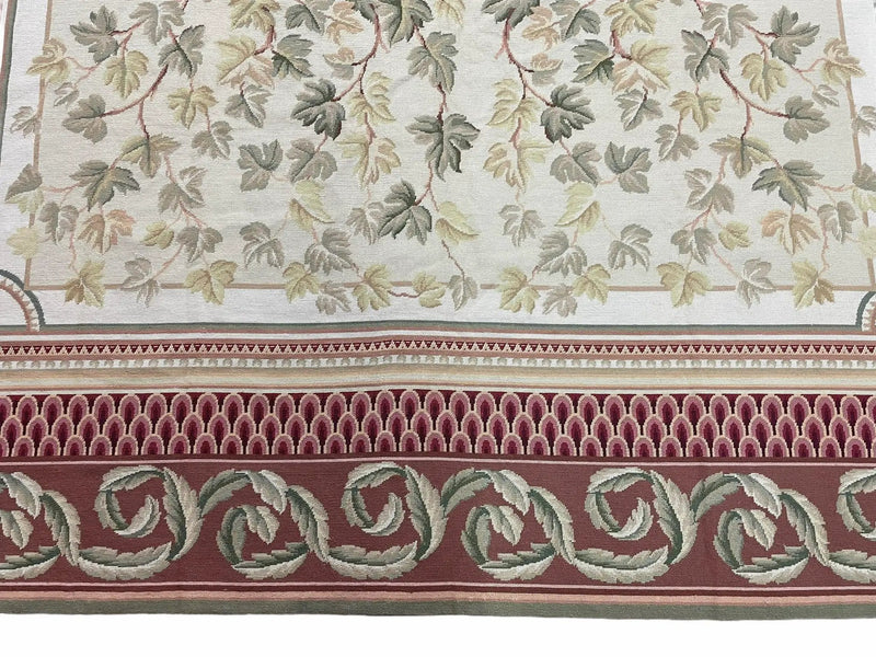 Aubusson Needlepoint Rug 9x12, Flatweave Carpet, Leaves, Wool, New, Handmade by Jewel Rugs