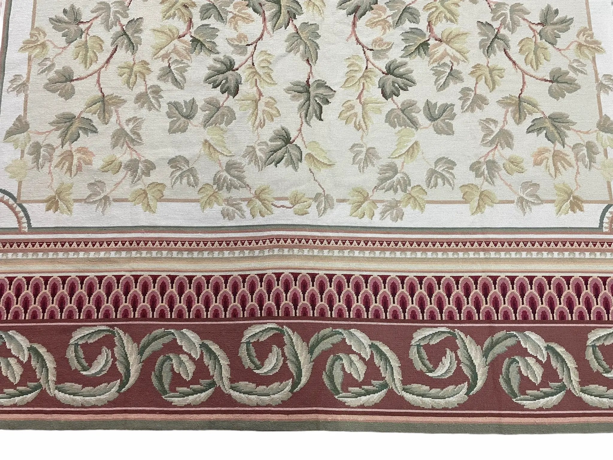 Aubusson Needlepoint Rug 9x12, Flatweave Carpet, Leaves, Wool, New, Handmade by Jewel Rugs
