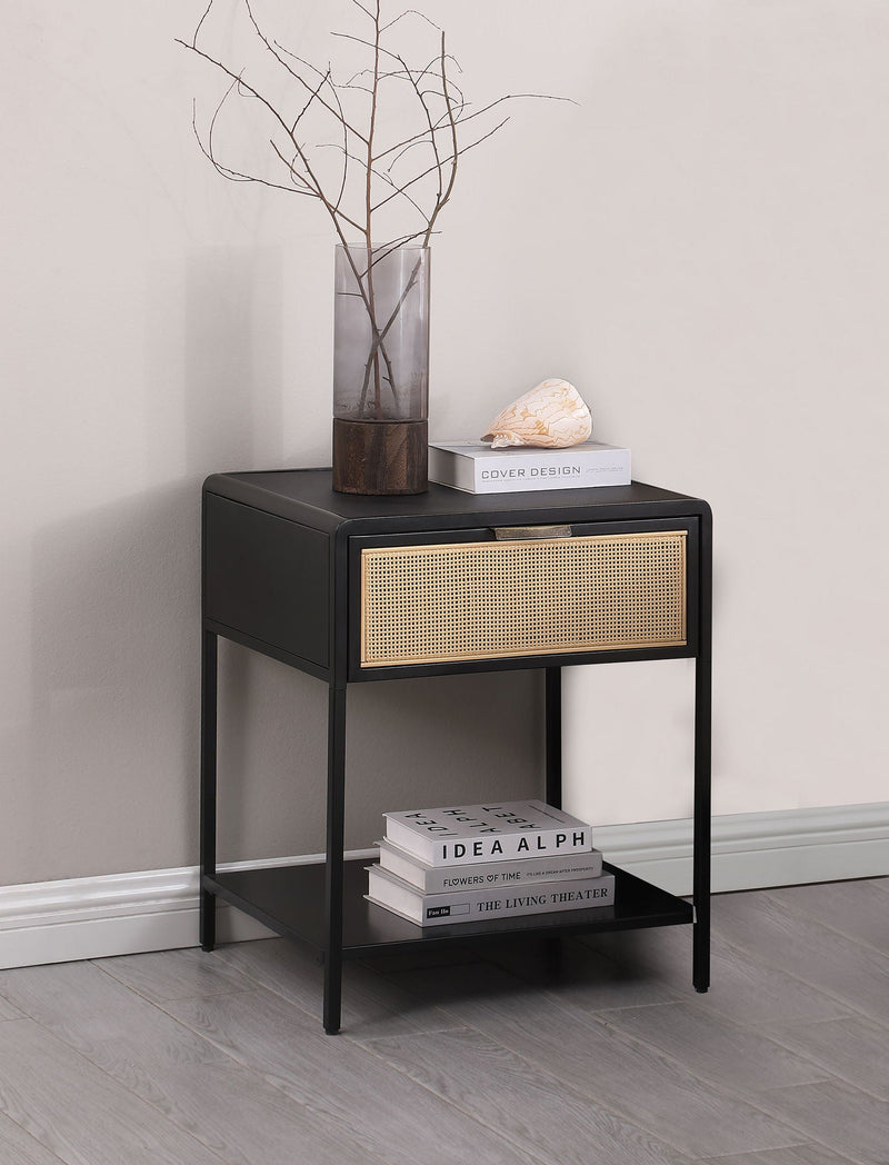 Amherst 1-drawer Radio Weave Cane Metal Bedside Table Black, photo 6 of 7