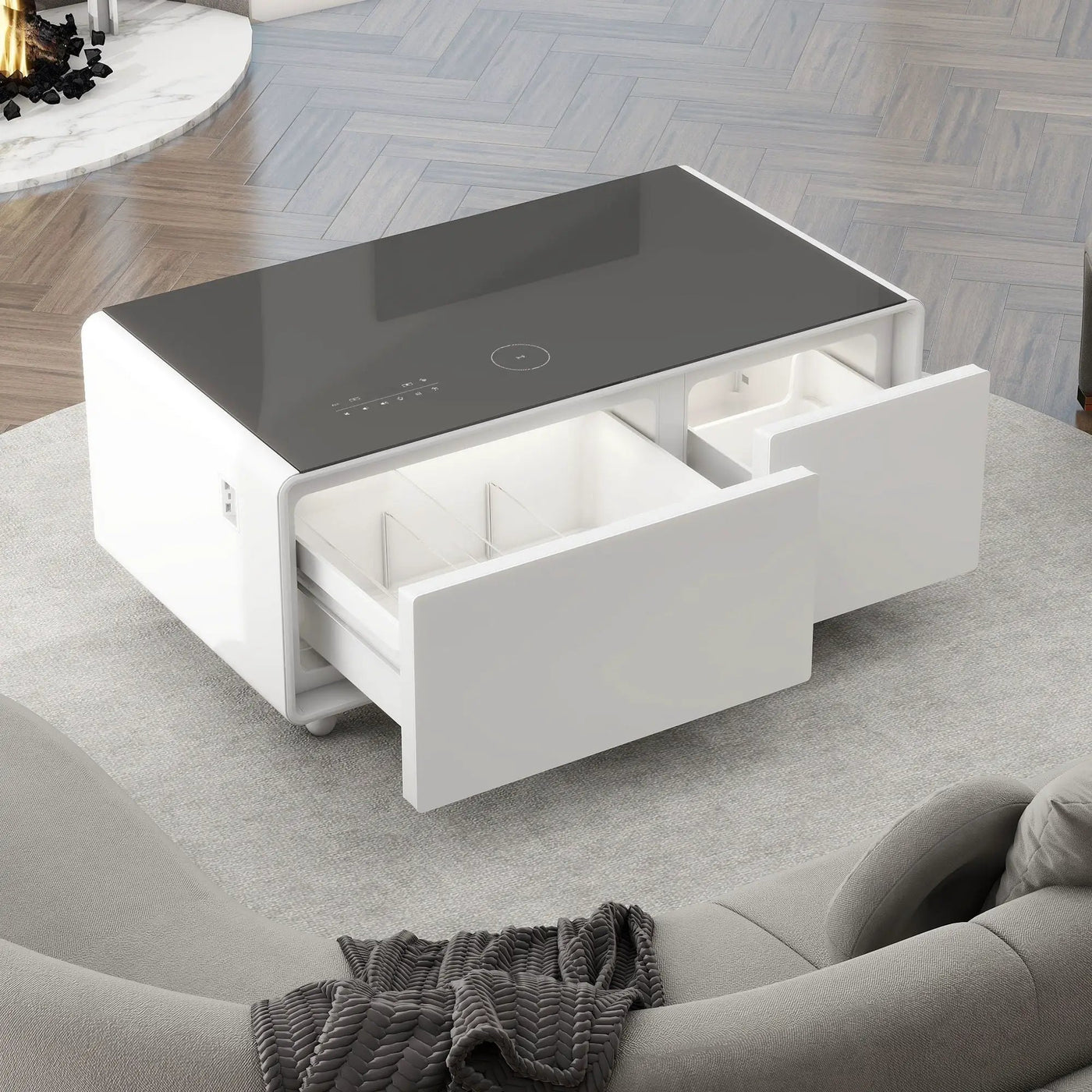 Modern Smart Coffee Table With Built-In Fridge - tooth Speaker, Wireless Charging, Touch Control Panel, USB Interface, Outlet Protection, Atmosphere Light by HouseOfZazla