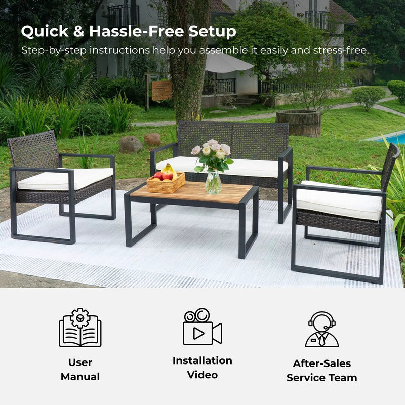 4 Piece Patio Furniture Set With Acacia Wood Table Top And Cushions by HouseOfZazla