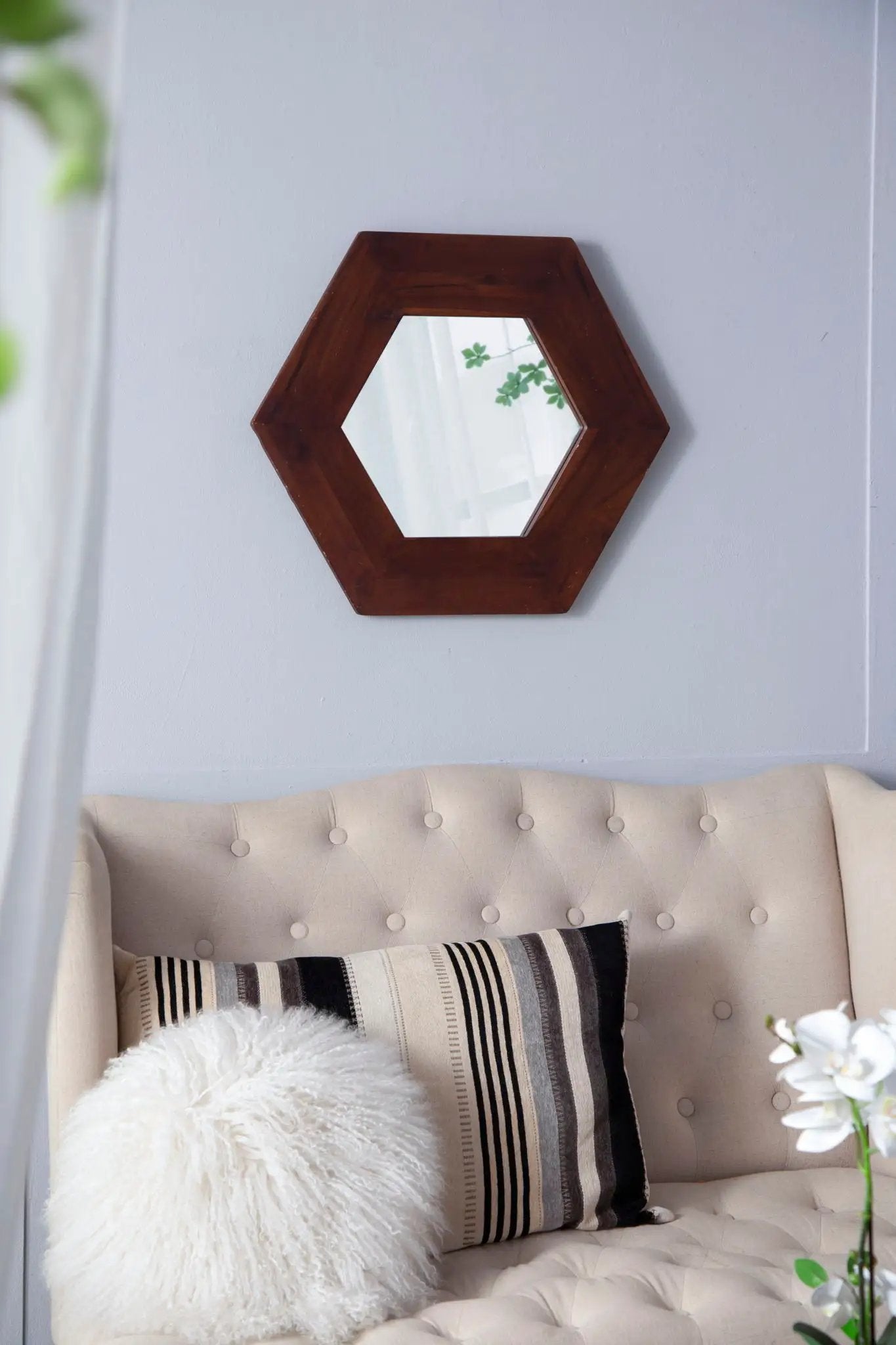 Hexagon Mirror With Natural Wood Frame, Wall Decor For Living Room Bathroom Hallway by HouseOfZazla