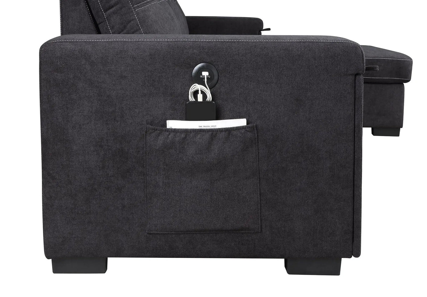 Toby - Woven Fabric Reversible Sleeper Sectional Sofa With Storage Chaise Cup Holder Charging Ports And Pockets by HouseOfZazla