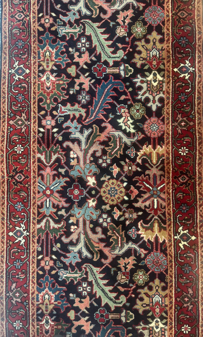 Indo Persian Runner Rug 2.7 x 13, Navy Blue and Red, Allover Floral, Wool, 13ft Runner by Jewel Rugs