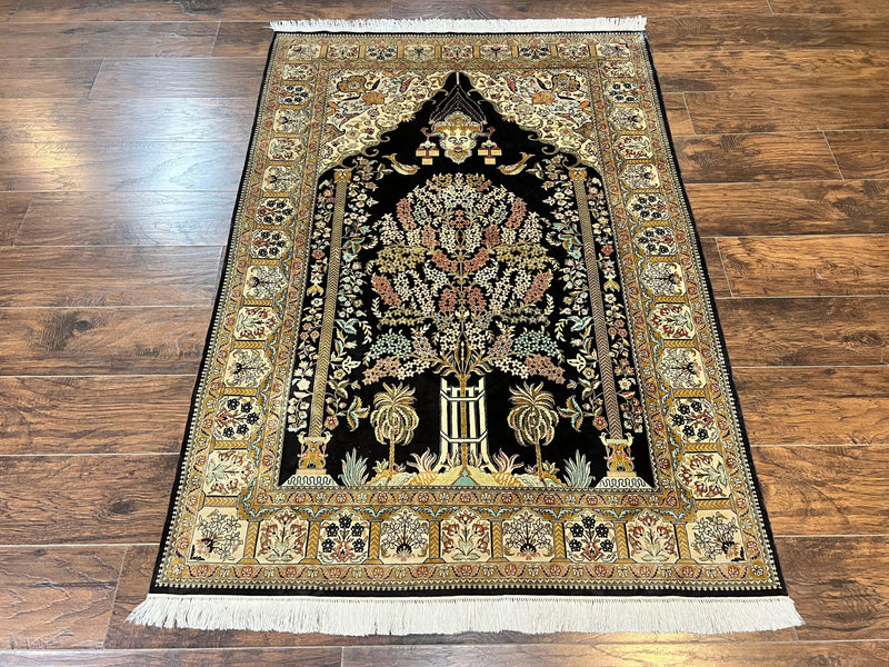 Wonderful Sino Persian Silk Rug 4x6, Tree of LIfe Design, Masterpiece 575 KPSI, Birds, Prayer Rug, Black, Silk on Silk by Jewel Rugs