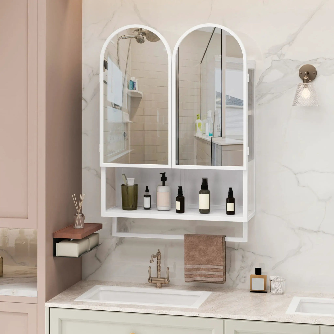 Double Arched Mirror Wall Cabinet With 2 Doors, Featuring Adjustable Shelves And Towel Rack by HouseOfZazla