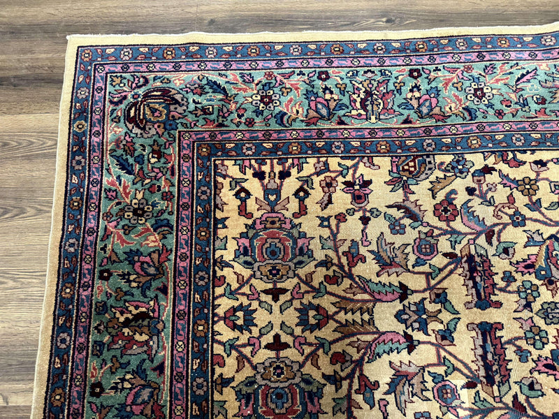 Antique Persian Rug 10x15, Camel and Cyan, Allover Pattern, Rare, Samarkand Rug by Jewel Rugs