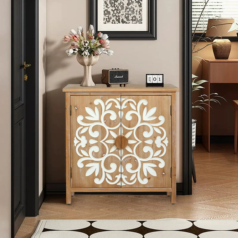 Rustic Wooden Accent Cabinet with Floral Carved Doors by HouseOfZazla