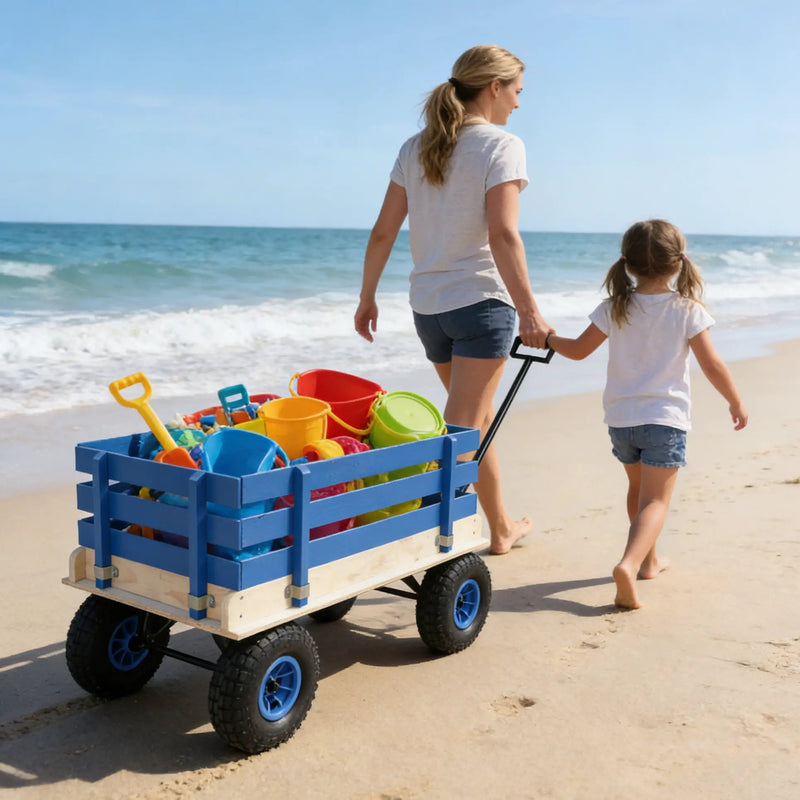 Blue Wooden Kids Pull Wagon with Removable Side Rails & All Terrain Wheels by HouseOfZazla