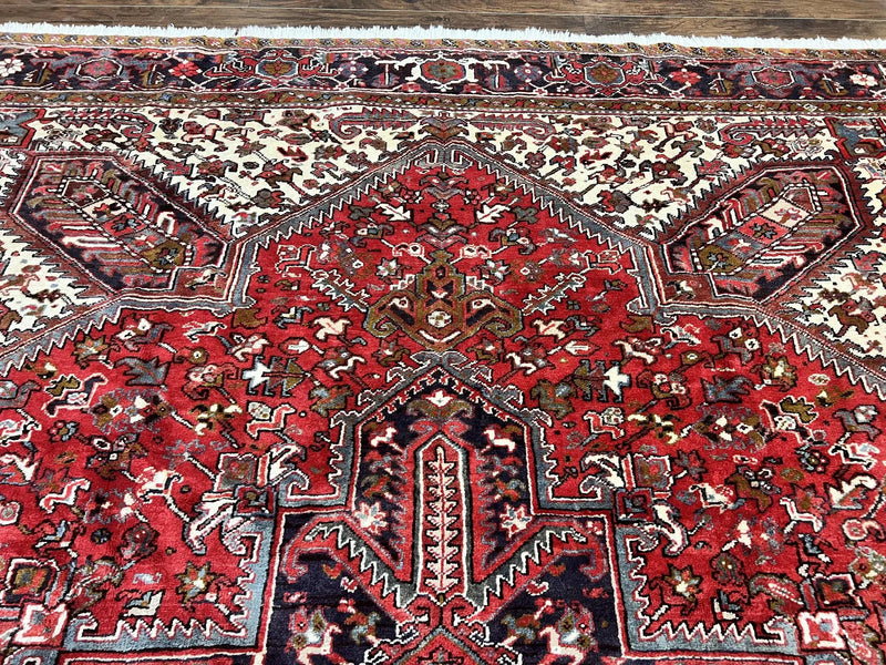 Large Persian Heriz Rug 10x13, Wool Hand Knotted Antique Carpet, Red and Ivory, Geometric Tribal Room Sized Rug, Decorative Oriental Rug by Jewel Rugs