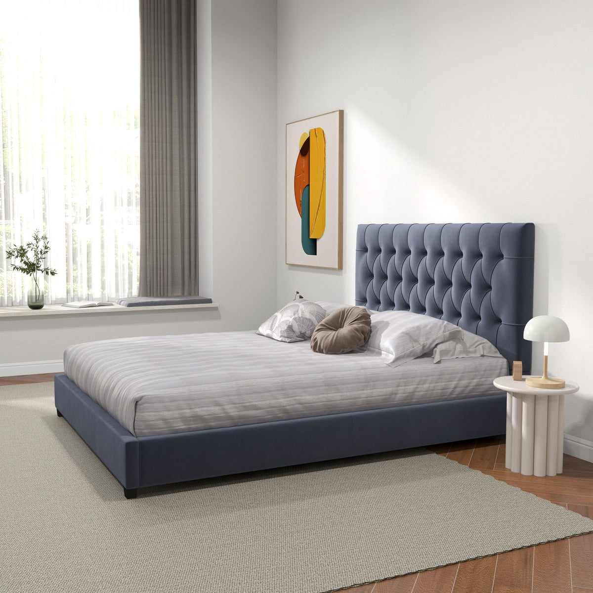 Dark Gray Mid-Century Modern Upholstered Platform Bed with Foam Headboard, photo 15 of 16