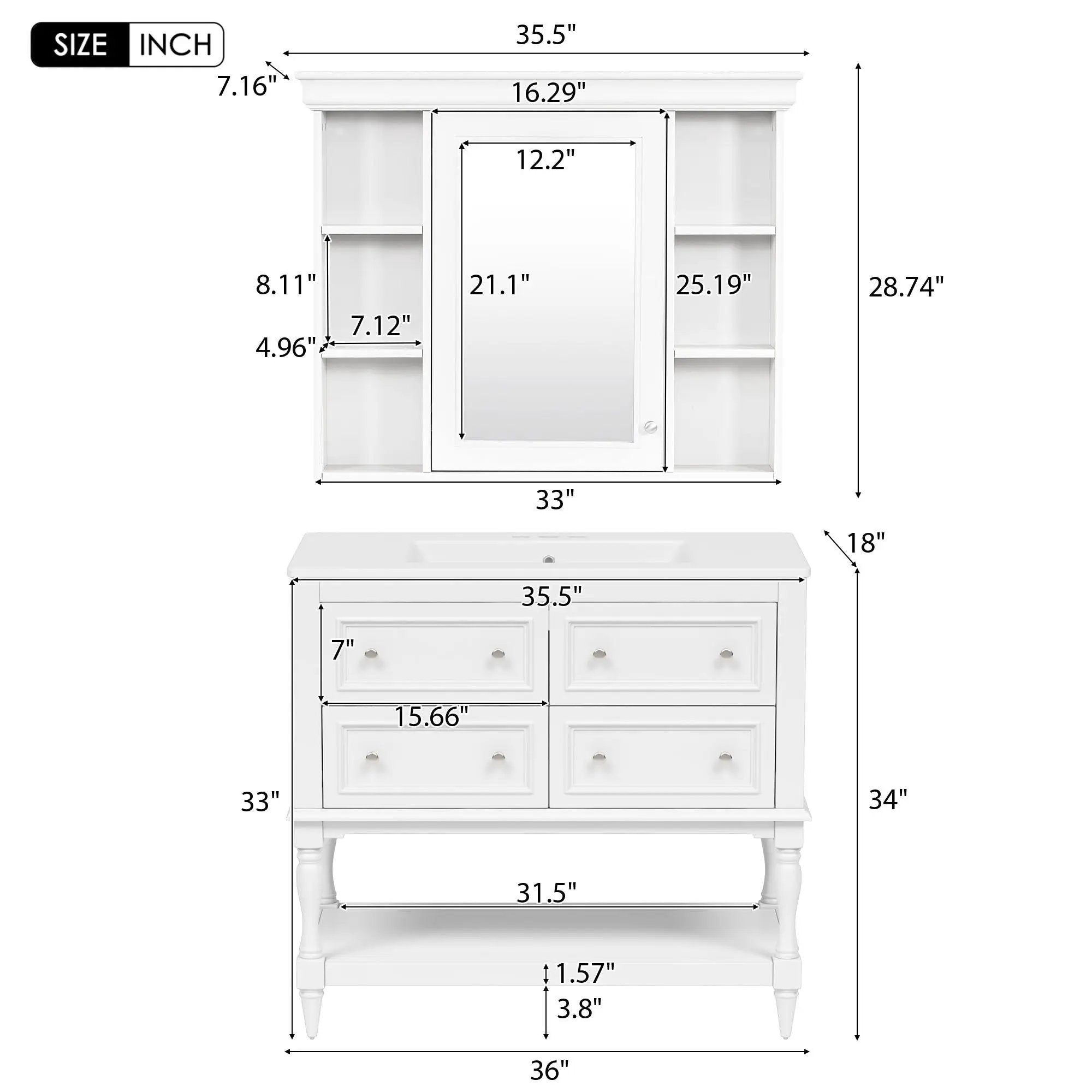 Bathroom Vanity With Medicine Cabinet, Storage Cabinet With 4 Drawers, Adjustable Shelf Mirror by HouseOfZazla