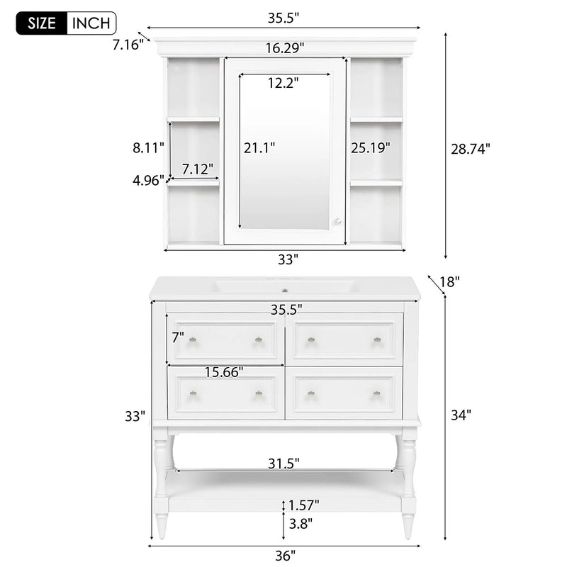 Bathroom Vanity With Medicine Cabinet, Storage Cabinet With 4 Drawers, Adjustable Shelf Mirror by HouseOfZazla
