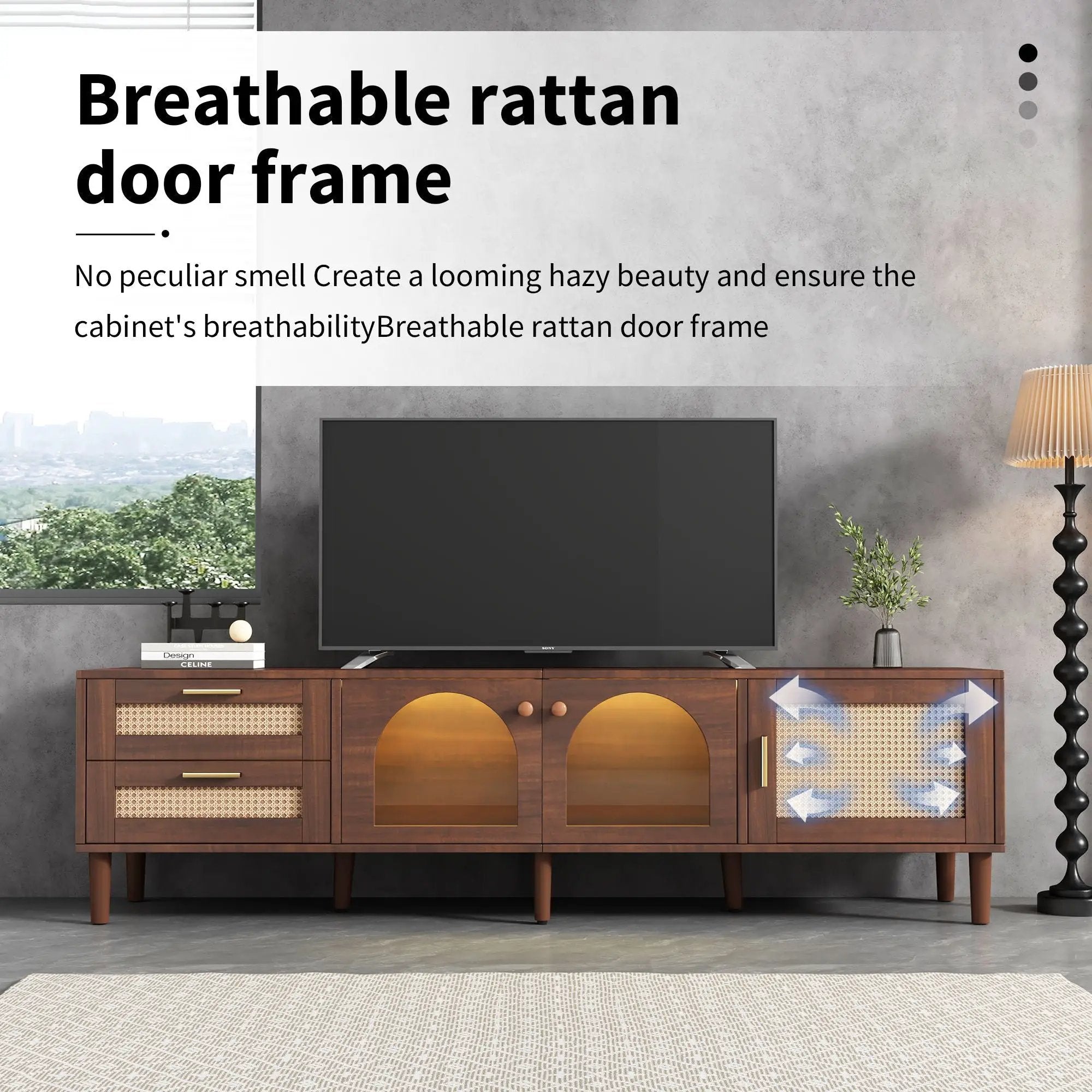 TV Stand With 3 Cabinets & 2 Drawers, LED Light Media Console For TVs Up To 80" - Dark Brown by HouseOfZazla
