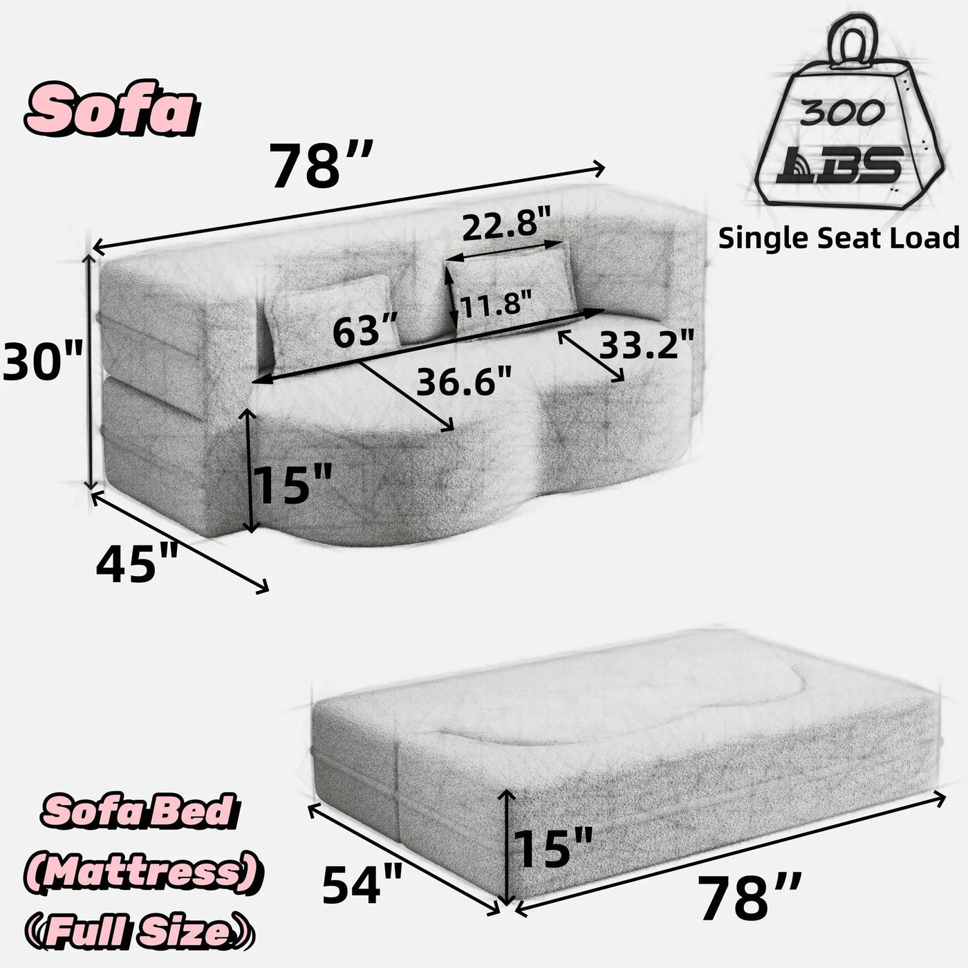Convertible Foam-Filled Sleeper Sofa Bed with 2 Pillows by HouseOfZazla
