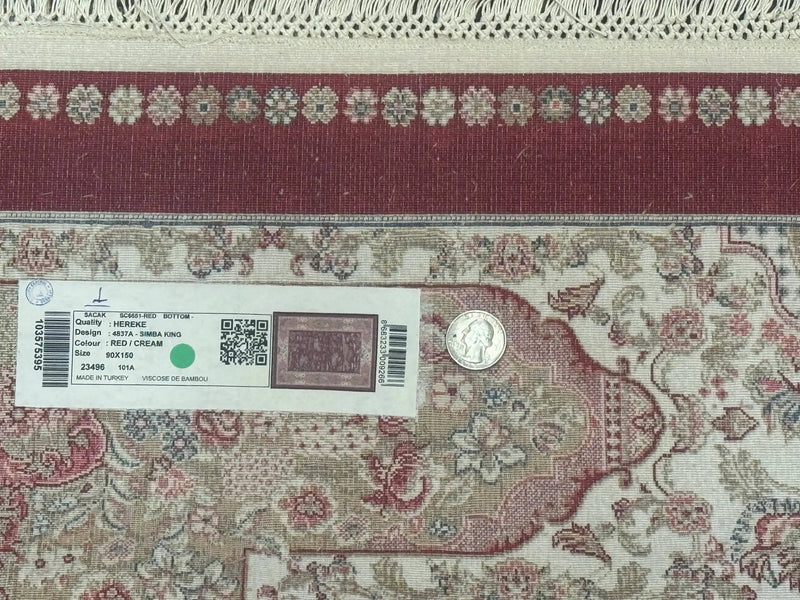 Turkish Silk Rug 3x5, Hunting Design, Dark Red & Ivory, Bamboo Silk, New by Jewel Rugs