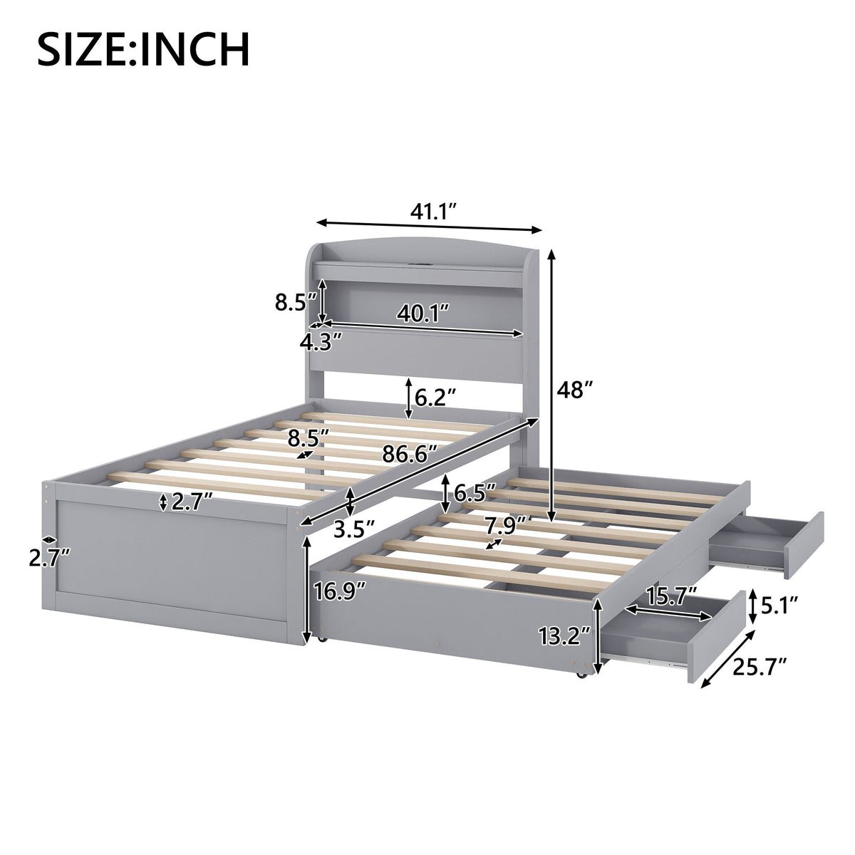 Platform Bed With LED Headboard, Charging Station, Trundle And 2 Drawers, photo 10 of 14