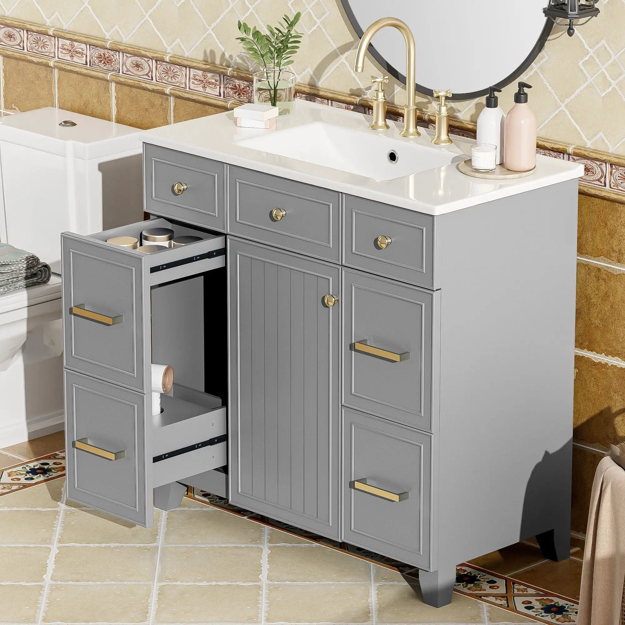 Bathroom Vanity With Ceramic Sink, Soft Close Doors, Adjustable Shelves