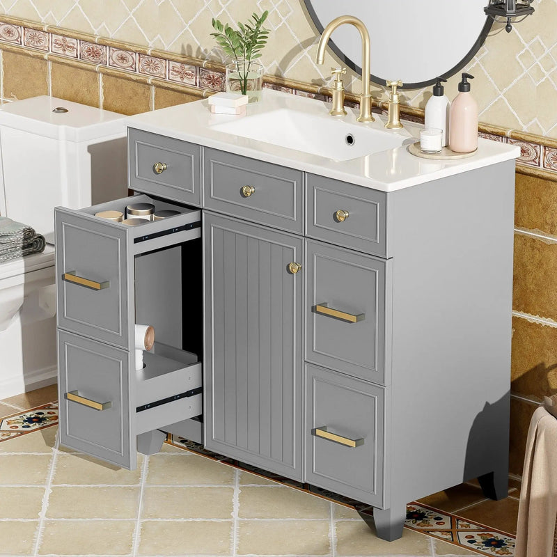 Bathroom Vanity With Ceramic Sink, Soft Close Doors, Adjustable Shelves