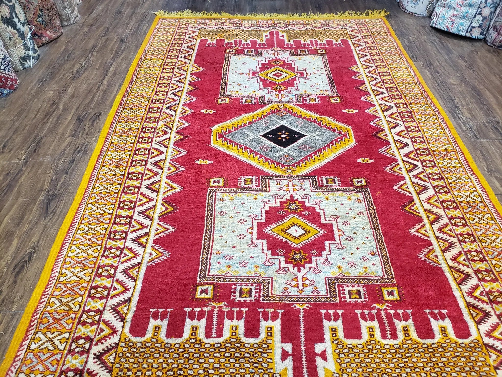 Vintage Moroccan Rug 6x10, Red and Yellow Moroccan Carpet, Handmade Bohemian Tribal Area Rug, Hand-Knotted 1970s Wool Rug, Medalions by Jewel Rugs