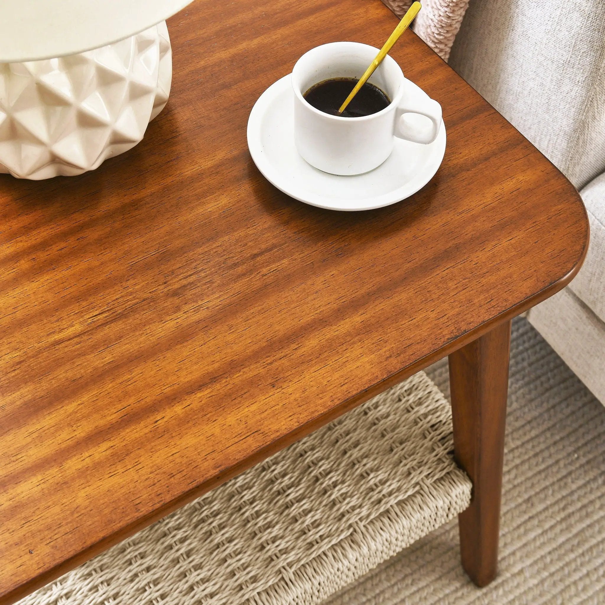 Mid - Century Square Side Table With Woven Shelf - Walnut by HouseOfZazla