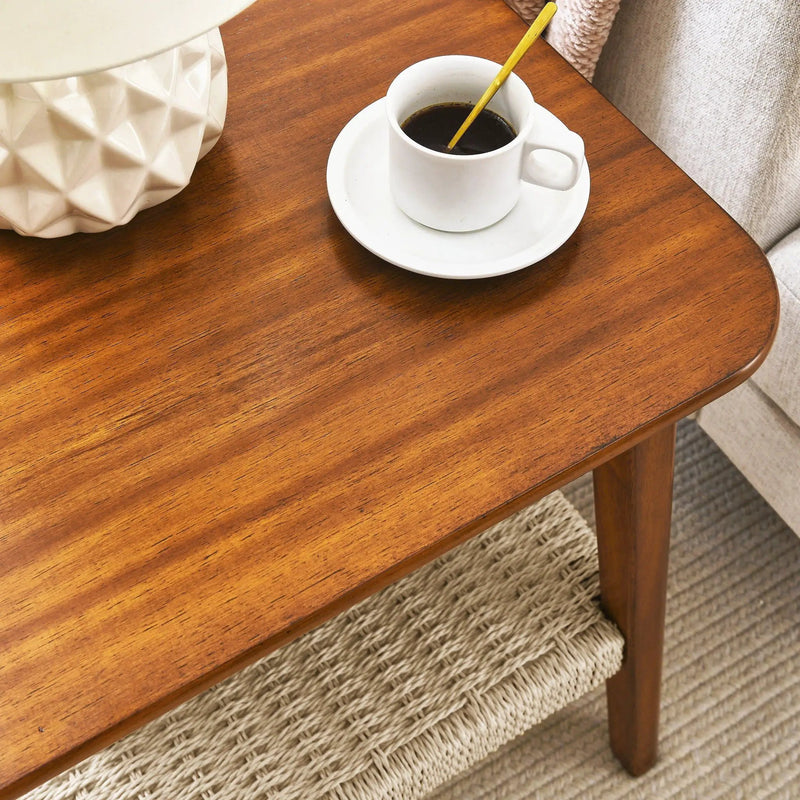 Mid - Century Square Side Table With Woven Shelf - Walnut by Unique Piece Furniture