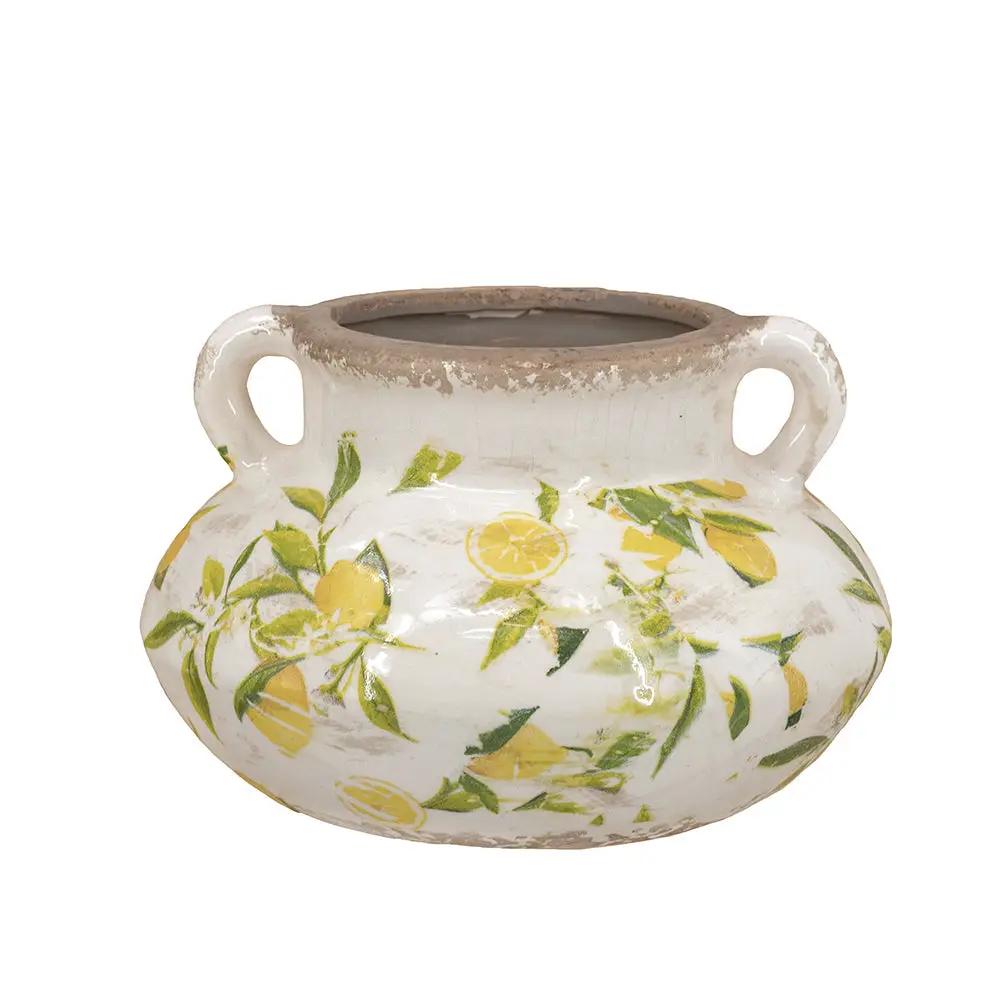 8.1x8.1x5.2" Ceramic Planter with Yellow Lemon and Green Leaf Motif by HouseOfZazla