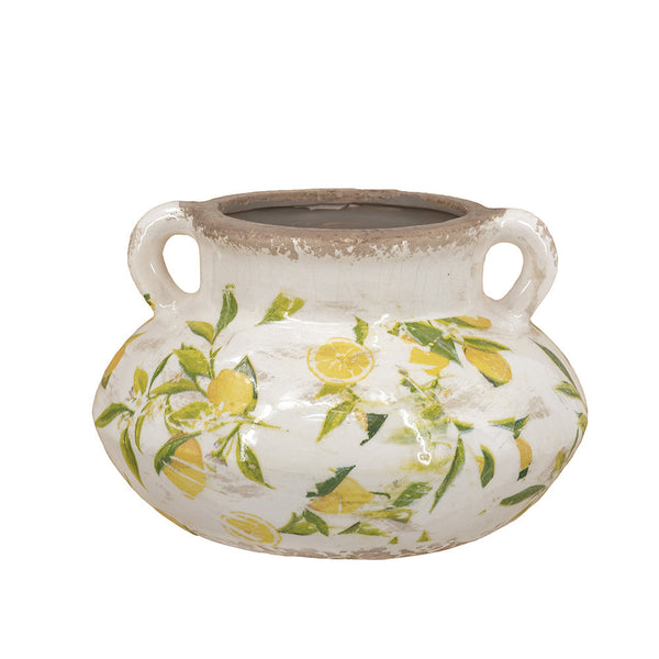 8.1x8.1x5.2" Ceramic Planter with Yellow Lemon and Green Leaf Motif