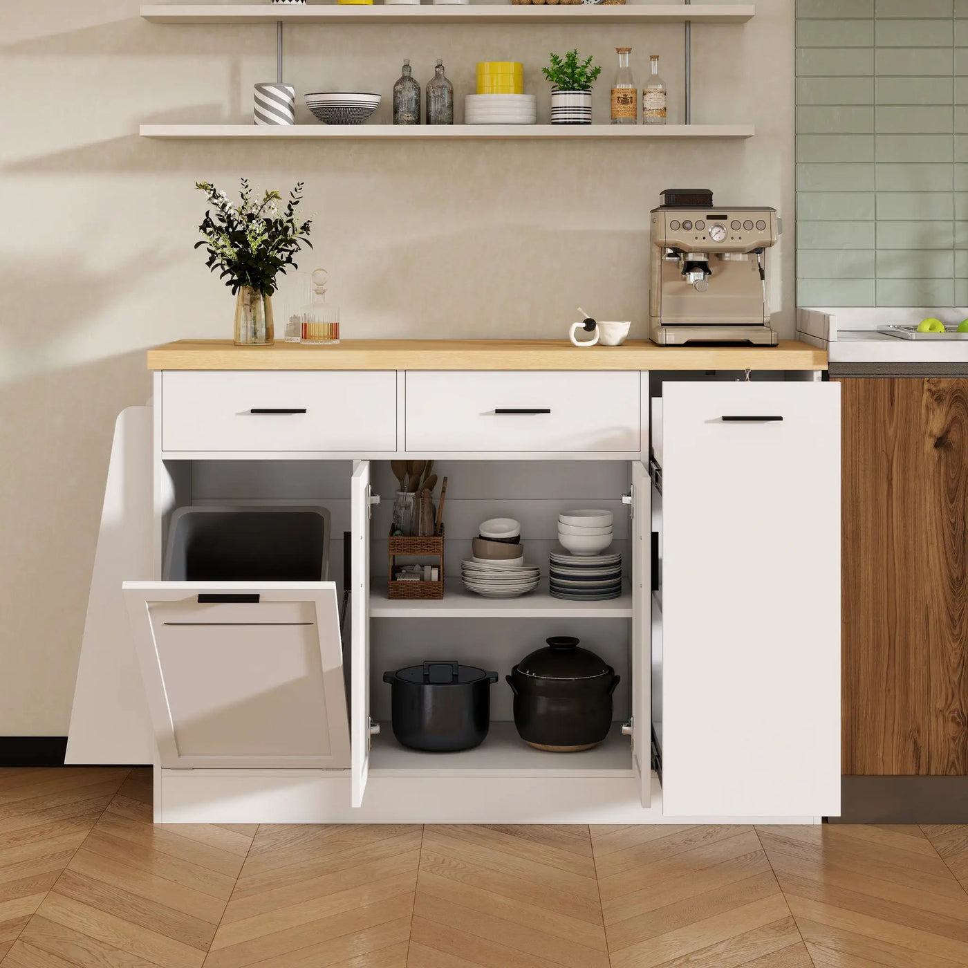 Kitchen Sideboard With Sliding Door Cabinet, 3 Tier Spice Rack by HouseOfZazla