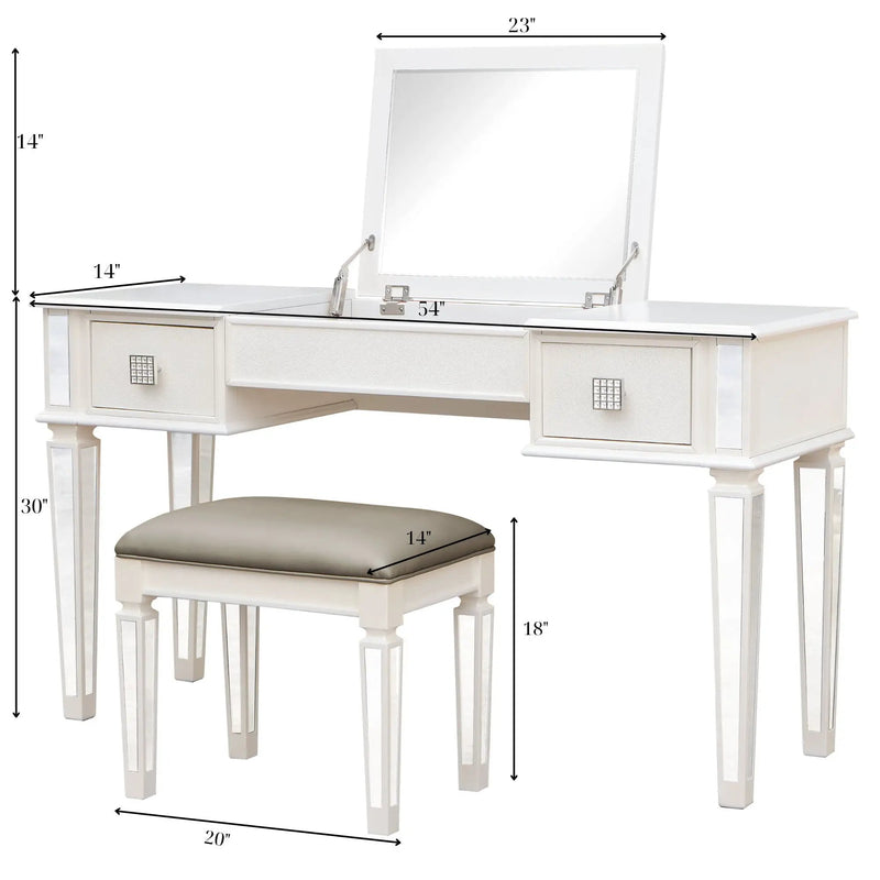 Mirrored Vanity Desk With Drawers And Stool, Flip Up Dressing Table Set For Makeup Room by HouseOfZazla