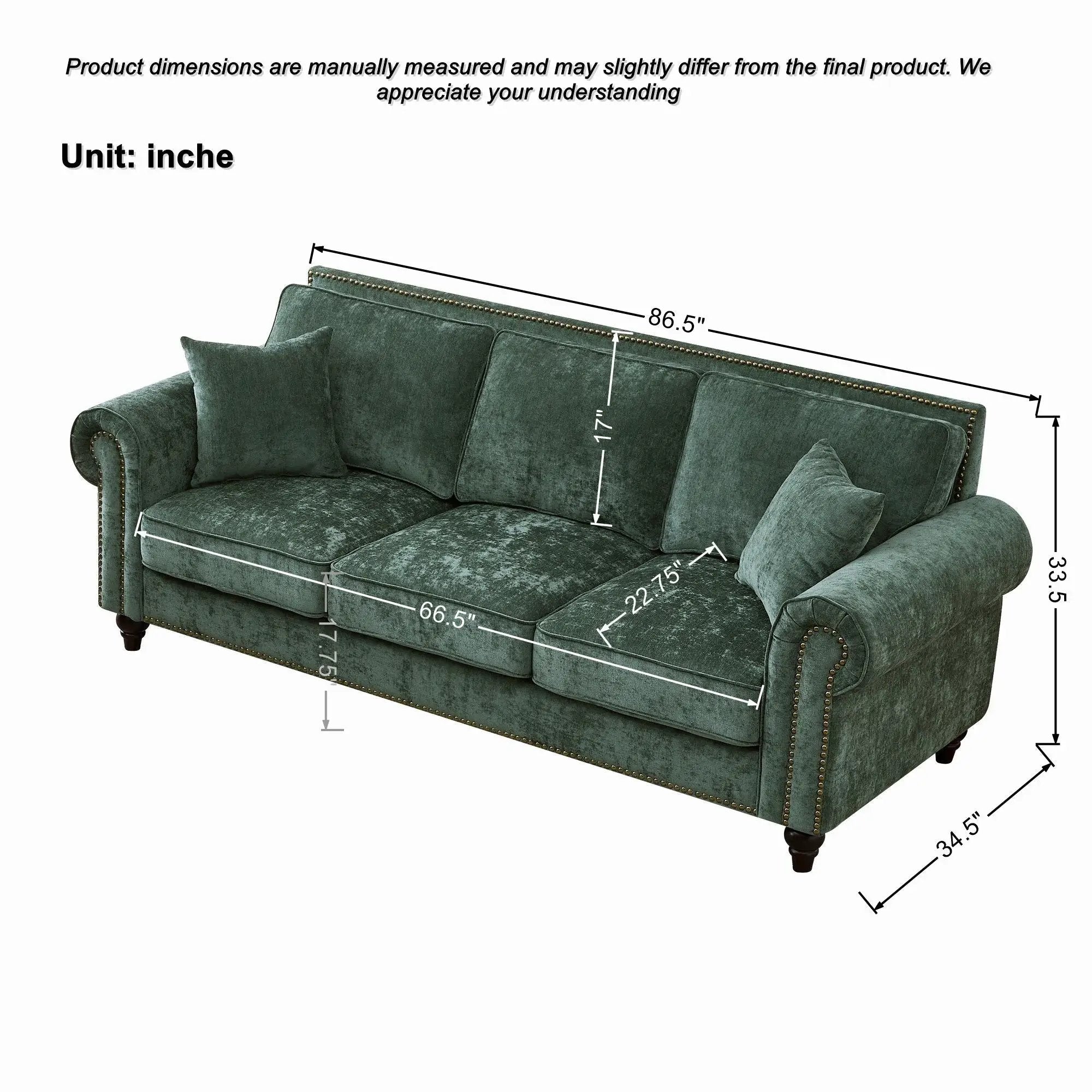 3 Seater Sofa With Tufted Upholstery, Rolled Arms, Nailhead Trim by HouseOfZazla