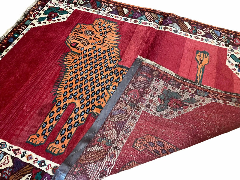 Antique Persian Gabbeh Wool Rug 4x5, Lion Pictorial Rug, Red Orange Black, Hand Knotted Handmade Vintage Gabbeh Carpet 4 x 5 ft, Tribal Rug by Jewel Rugs