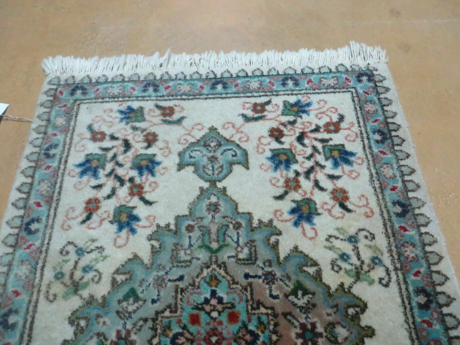1' 9" X 2' 5" Handmade Indian Wool Rug Lahore Floral Design Small Oriental Rug Beige & Teal by Jewel Rugs
