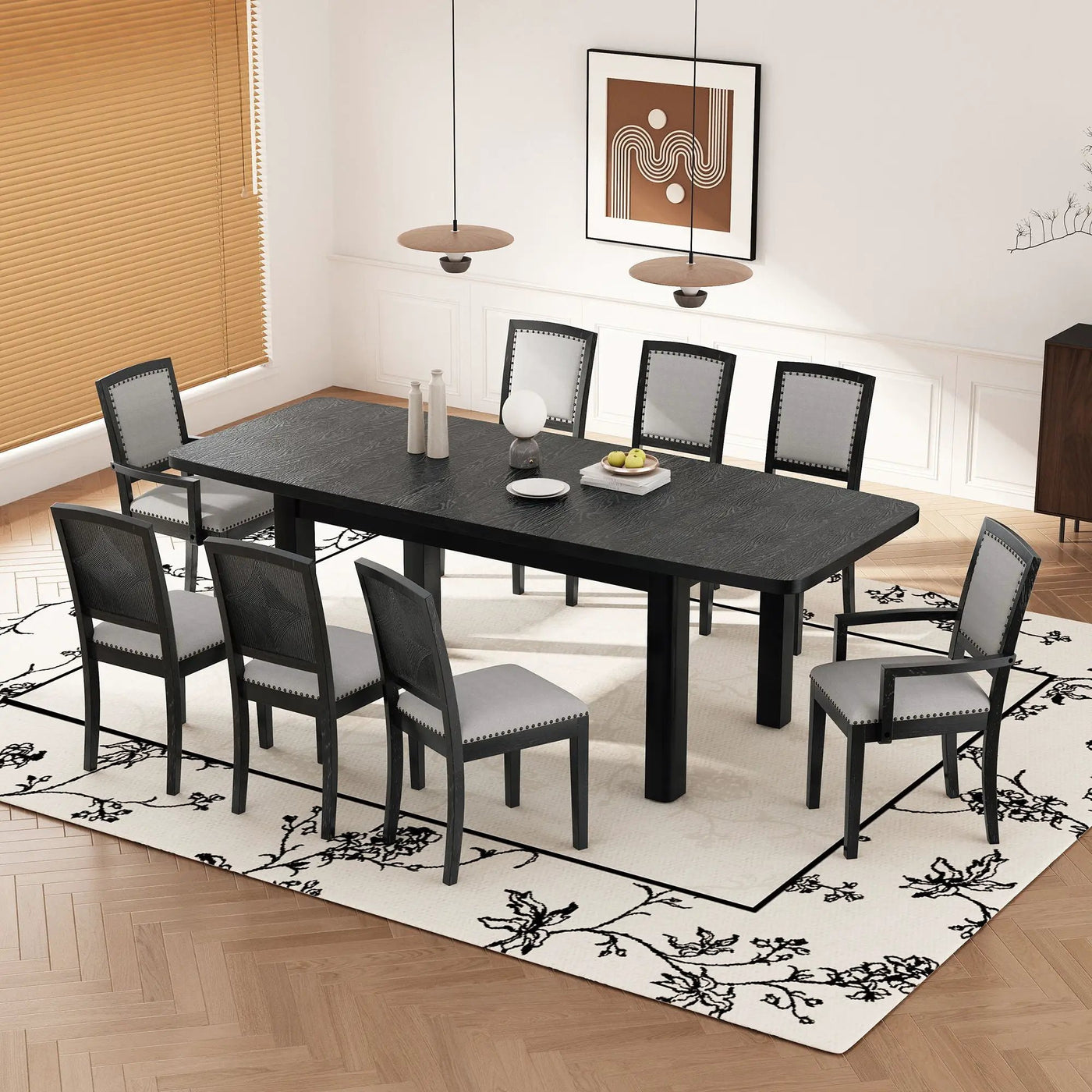 Topmax - Rustic Extendable Dining Table Set With Removable Leaf, 6 Upholstered Armless Dining Chairs And 2 Padded Arm Chairs, 9 Pieces by Unique Piece Furniture