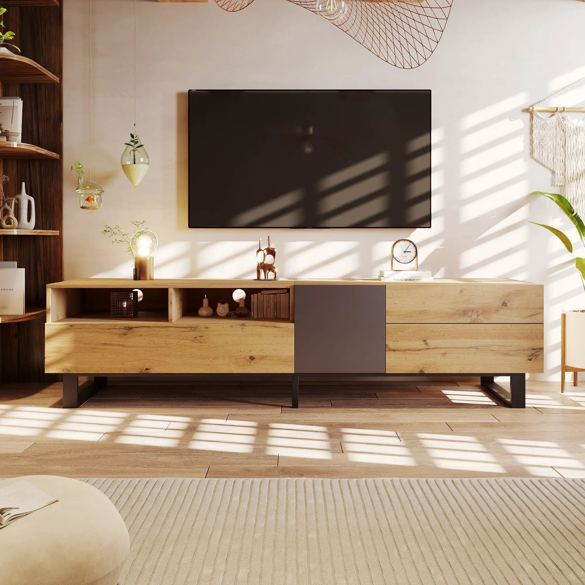 TV Stand For 80'' TV With Double Storage Space, Media Console Table With Drop Down Door by Unique Piece Furniture