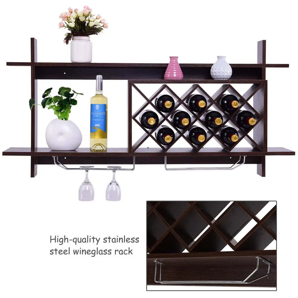 Wall Mount Wine Rack with Glass Holder & Storage Shelf-Walnut by DirectDeals