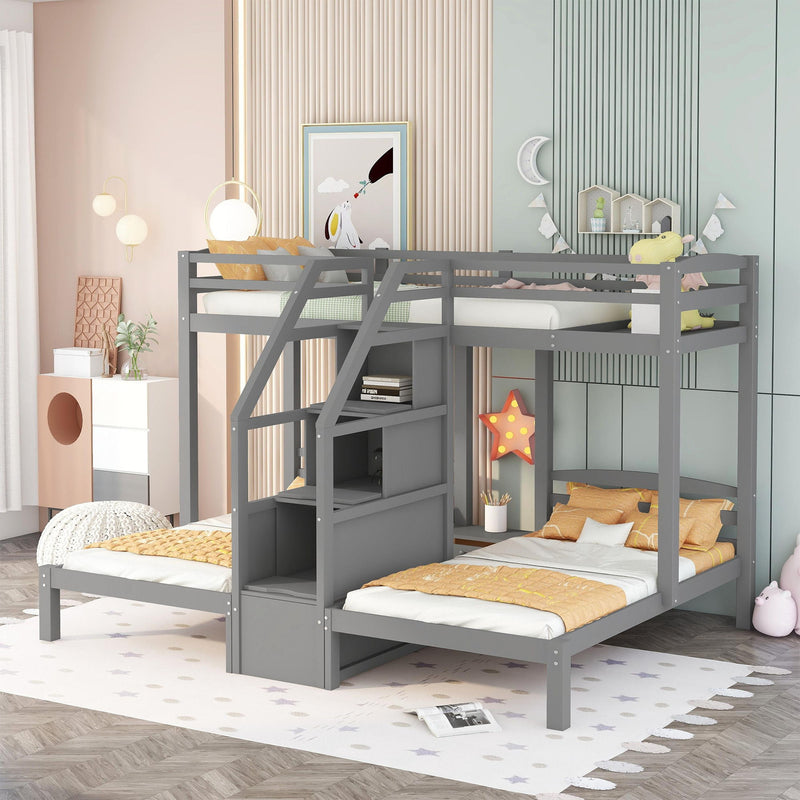 Twin Over Twin & Twin Bunk Bed with Built-In Staircase and Storage Drawer - Gray, photo 7 of 11