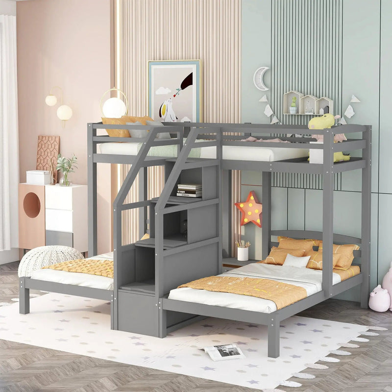 Twin Over Twin & Twin Bunk Bed With Built In Staircase And Storage Drawer - Gray by HouseOfZazla