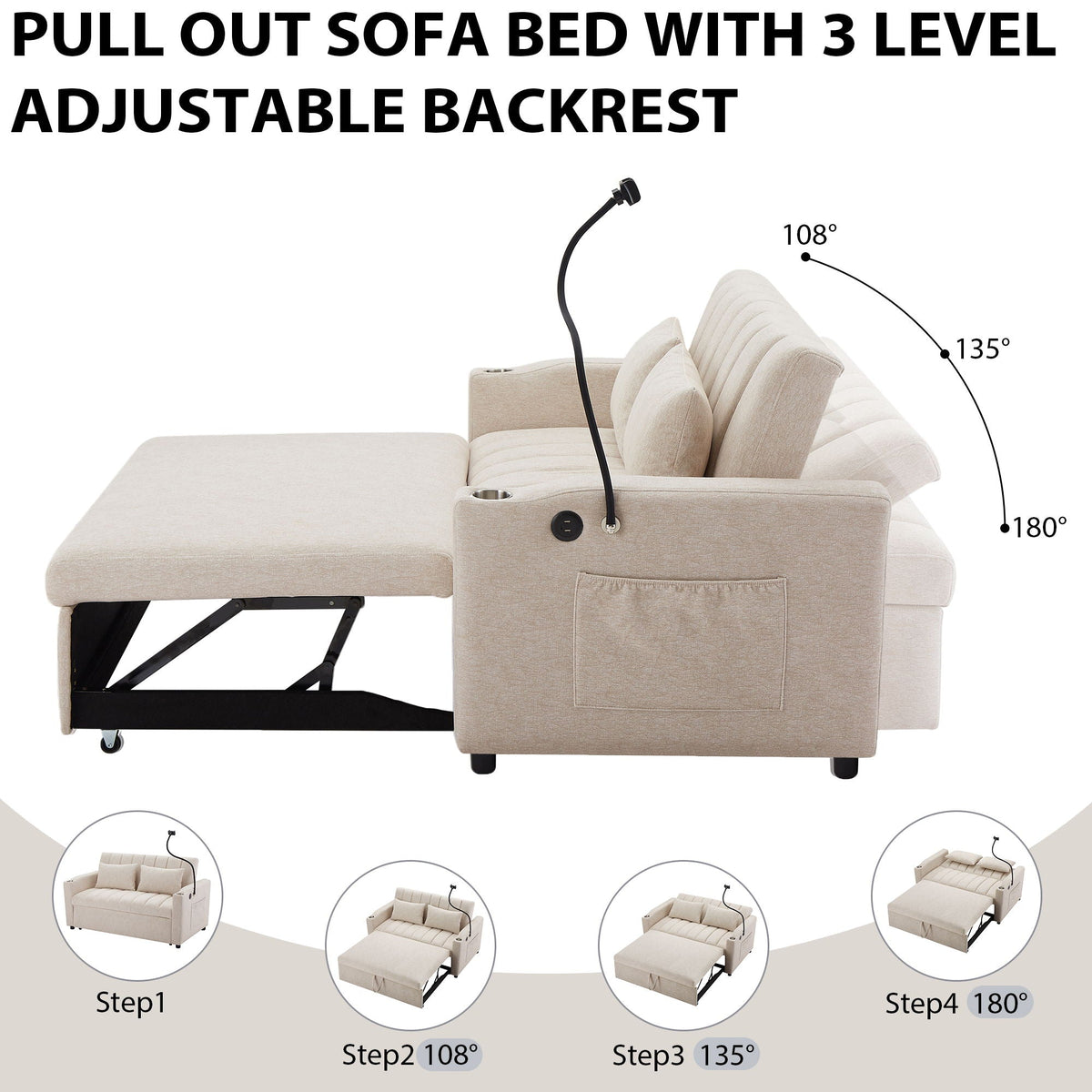 Convertible Sofa Bed Loveseat Sofa With Three USB Ports, Two Side Pockets, Two Cup Holders And 360° swivel Phone Holder For Living Room, photo 15 of 19